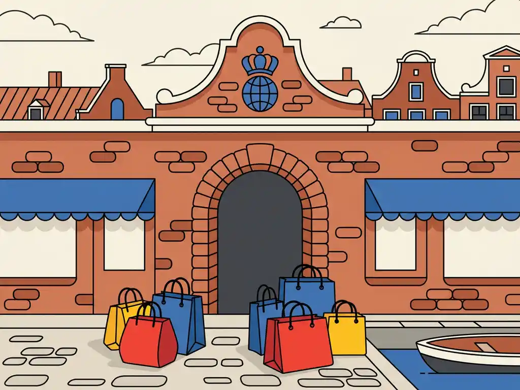 Internationale winkel in een Amsterdamse grachtenpand met kleurrijke shoppers tassen bij een bakstenen boogdeur, vlakke vectorillustratie.