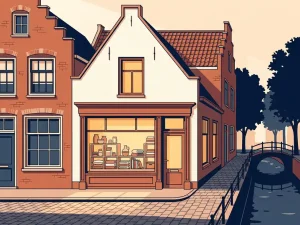 Kleine winkel aan een Amsterdamse klinkerstraatje met verlicht etalageraam en omringende bakstenen gevels in ochtendlicht.