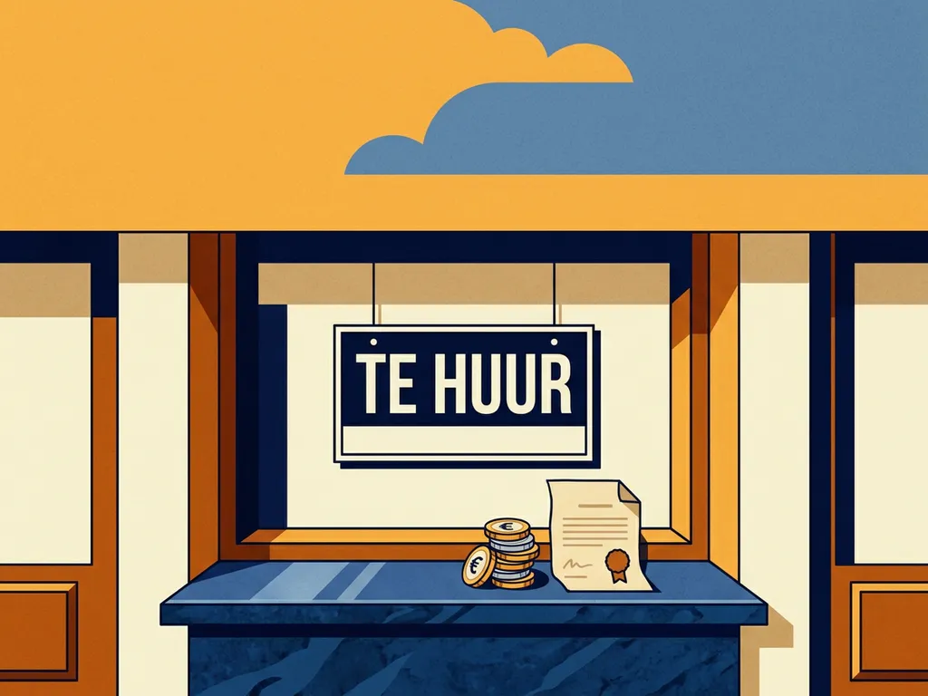 Leegstaande winkel in Nederlandse winkelstraat met Te Huur-bord, euromuntjes en huurcontract op vensterbank.