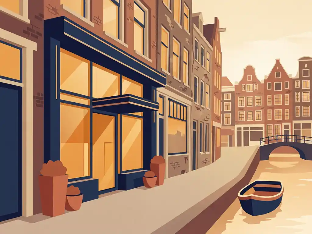 Gerenoveerde Nederlandse winkelgevel met moderne uitstraling aan een klassieke grachtenstraat in warm amber en marineblauw.