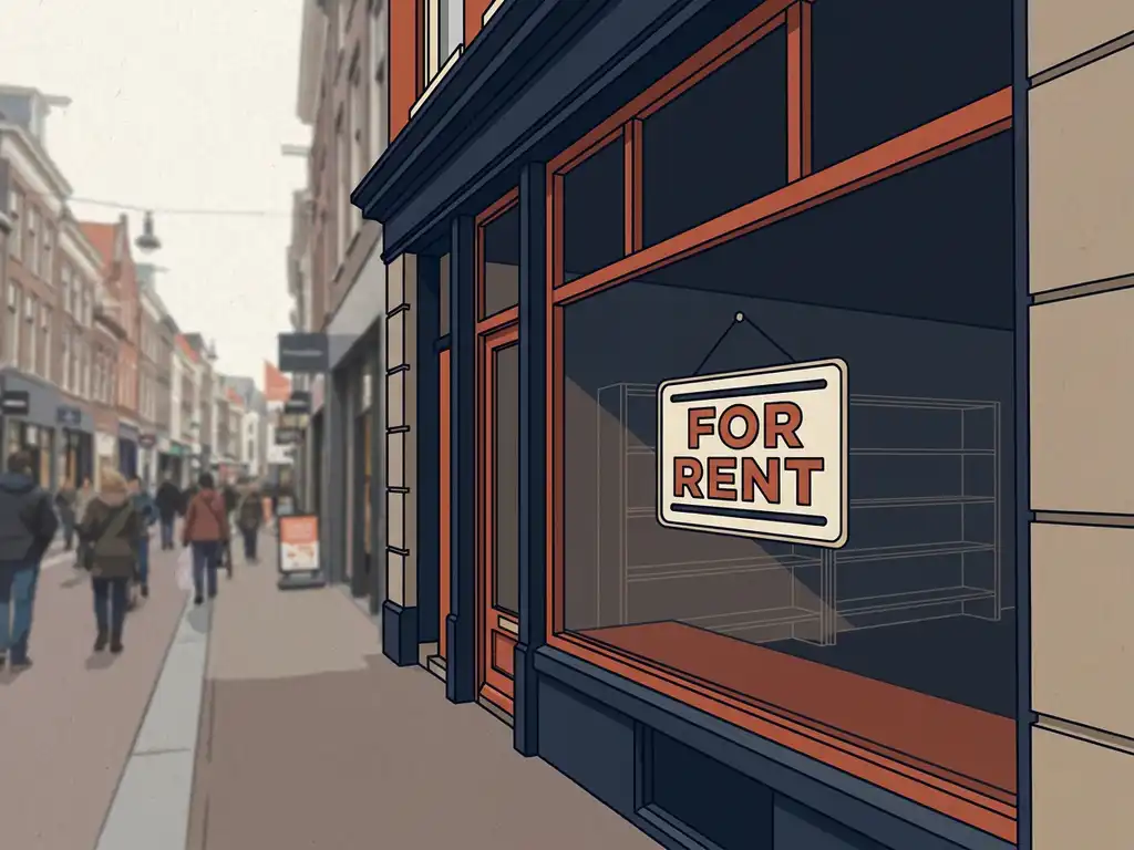 Leegstaande winkel met 'For Rent'-bord in donker etalageraam op drukke Nederlandse winkelstraat.