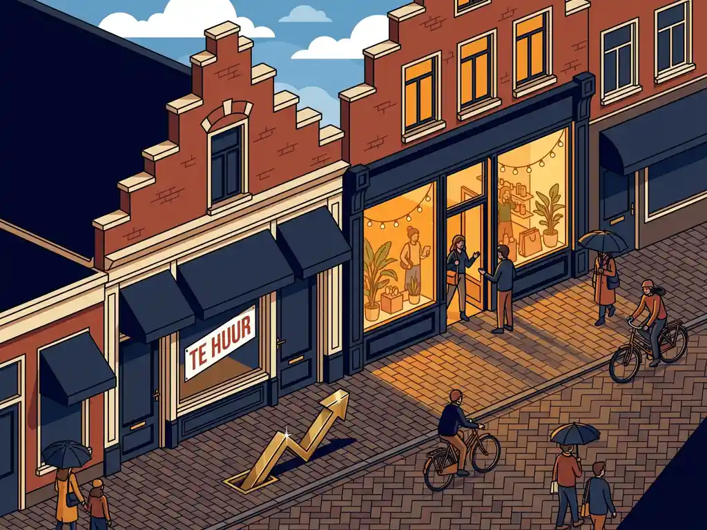 Leegstaande winkelruimte te huur naast bloeiende boetiek op Nederlandse winkelstraat met klinkers en stijgende pijl in de bestrating.