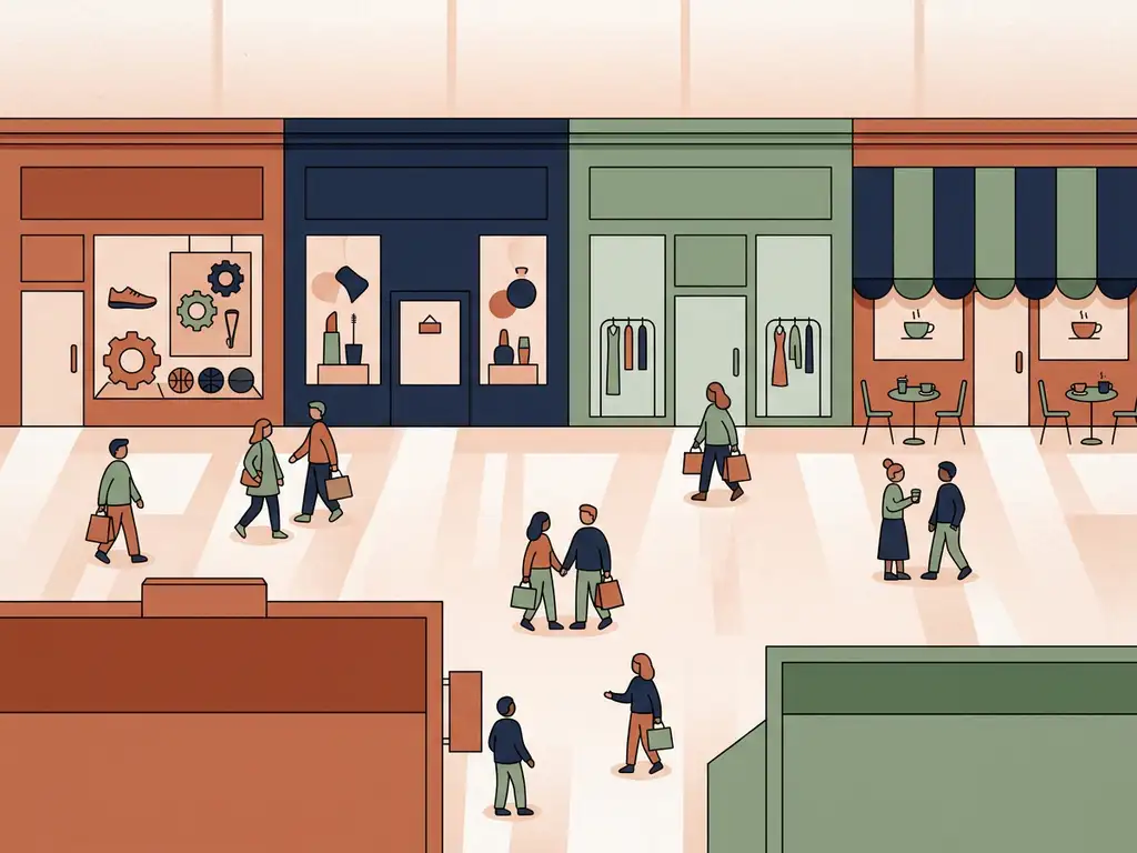 Kleurrijke illustratie van een Nederlands winkelcentrum met sportwinkel, beautyboetiek, modezaak en café in terracotta, marineblauw en saliegroen.