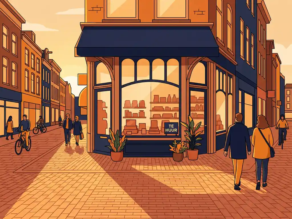 Leegstaande winkelruimte te huur op drukke winkelstraat in Nederland, warm goudkleurig avondlicht op bakstenen bestrating.