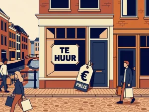 Leegstaand winkelpand met 'te huur'-bord in Nederlandse binnenstad, bakstenen gevels en grachtenreflecties op de achtergrond.