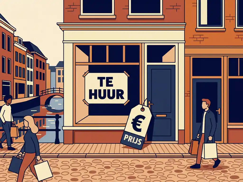 Leegstaand winkelpand met 'te huur'-bord in Nederlandse binnenstad, bakstenen gevels en grachtenreflecties op de achtergrond.