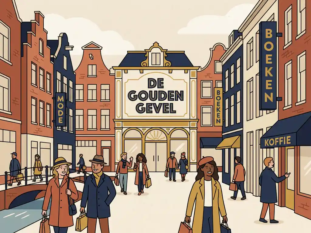 Drukke Nederlandse winkelstraat met grachtenhuizen, voorbijlopende shoppers en een opvallende winkelgevel in terracotta en marineblauw.