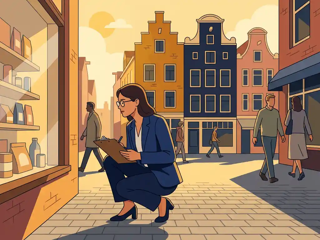 Analist met klembord bestudeert etalage op drukke Nederlandse winkelstraat met bakstenen gevels en kinderkopjes in middaglicht.