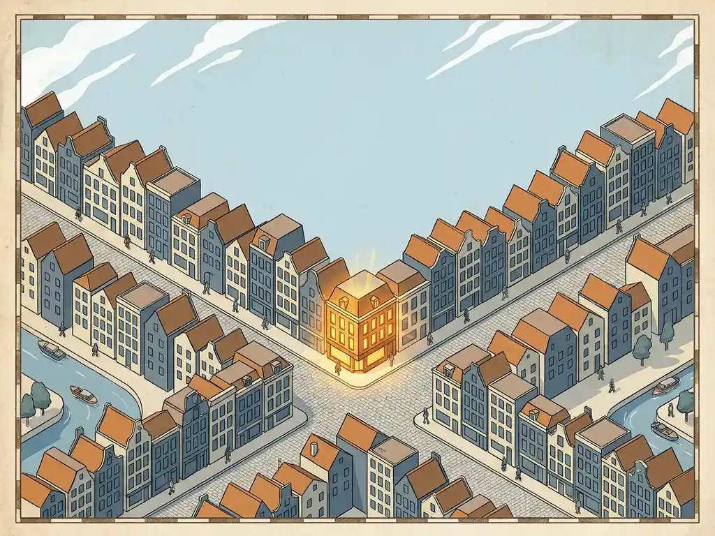 Luchtperspectief van een Nederlands stadscentrum met één gloeiende amber winkel tussen blauwe en crèmekleurige gevels op een kinderkopjesstraat.