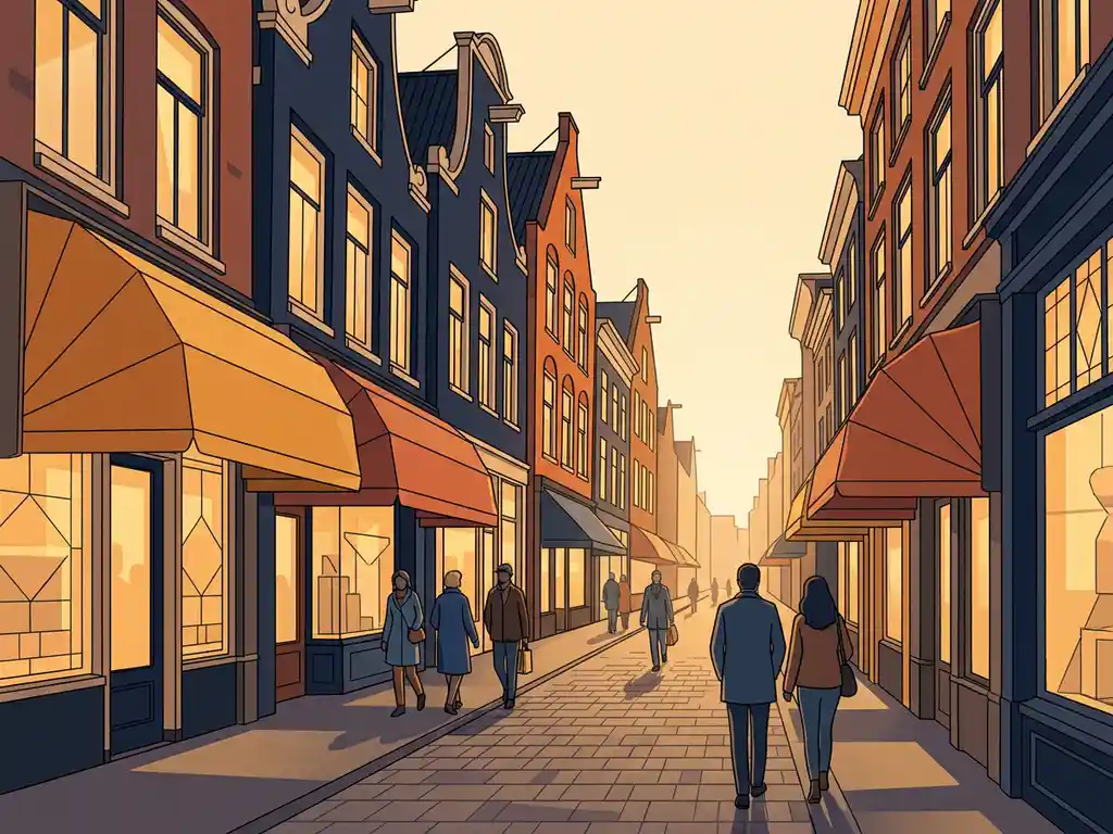 Geïllustreerde Nederlandse winkelstraat met historische gevels, terracotta luifels en keienbestrating in warm goudgeel middaglicht.