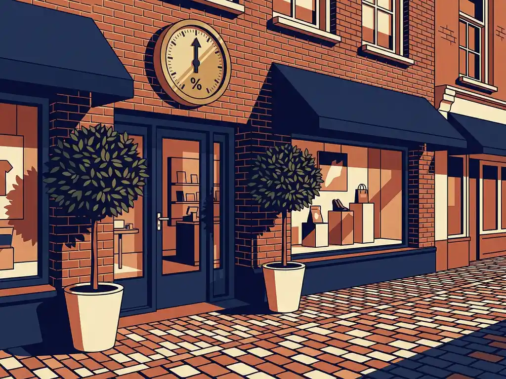 winkelstraat-investering-rendement-gevel-retail.jpg Hollandse winkelstraat met bakstenen gevel, koperen rendementsmeter, laurierbomen bij de ingang en klinkers in middaglicht.