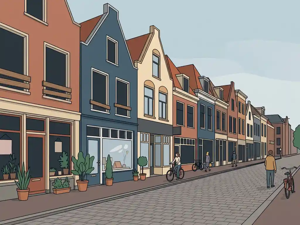 Verlaten etalages tussen actieve winkels op een Hollandse winkelstraat met kinderkopjes, in vlakke vectorstijl.