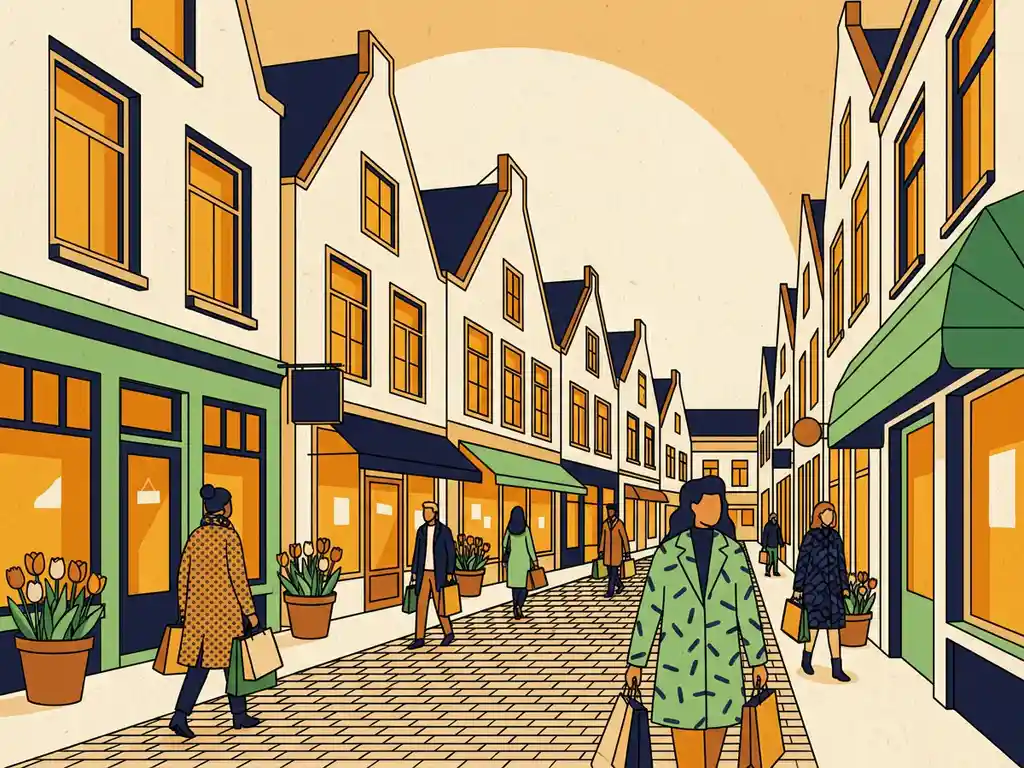 Drukte op een Nederlandse winkelstraat met shoppers, verlichte etalages, kasseien en potted tulpen in warme amber- en marineblauw tinten.