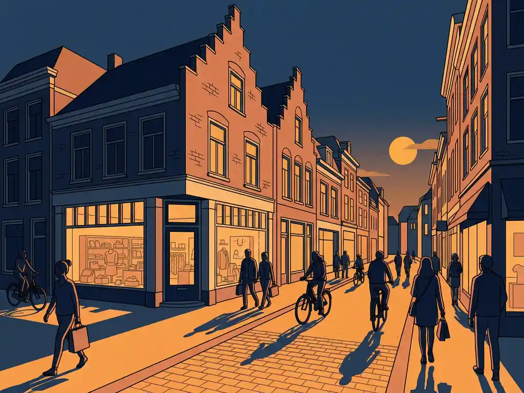 Drukke Nederlandse winkelstraat met karakteristieke bakstenen gevels, een hoekwinkel met grote etalages en kasseien in middagzon.