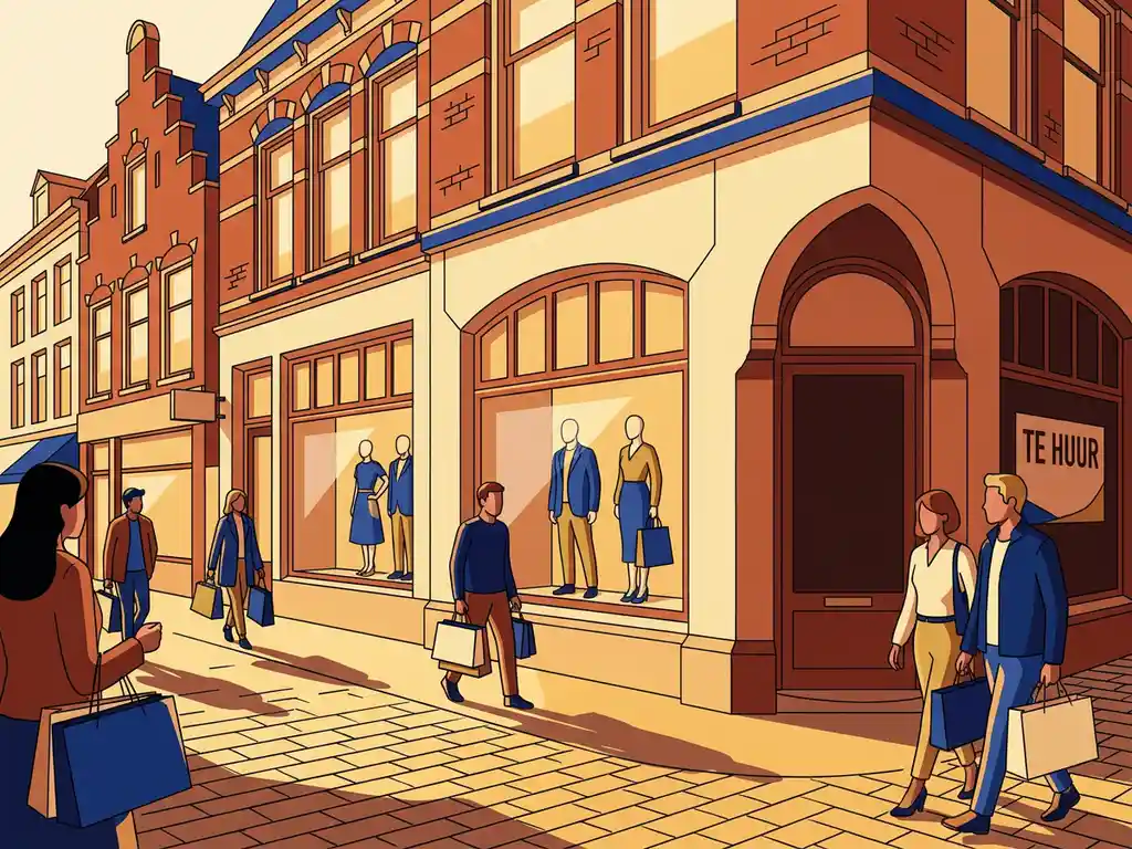 Drukke Nederlandse winkelstraat met bakstenen gevels, etalages en winkelende mensen op kinderhoogte in gouden middaglicht.