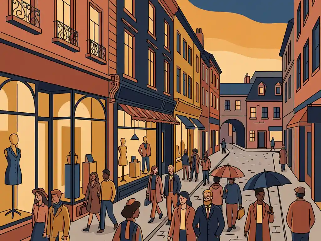 Drukke winkelstraat met luxe etalages en voetgangers naast een rustige zijstraat in warm middaglicht, vlakke vectorillustratie.