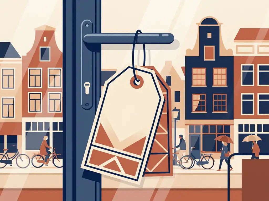 Prijskaartje aan deurklink van moderne winkel met drukke Nederlandse winkelstraat zichtbaar door het glas.
