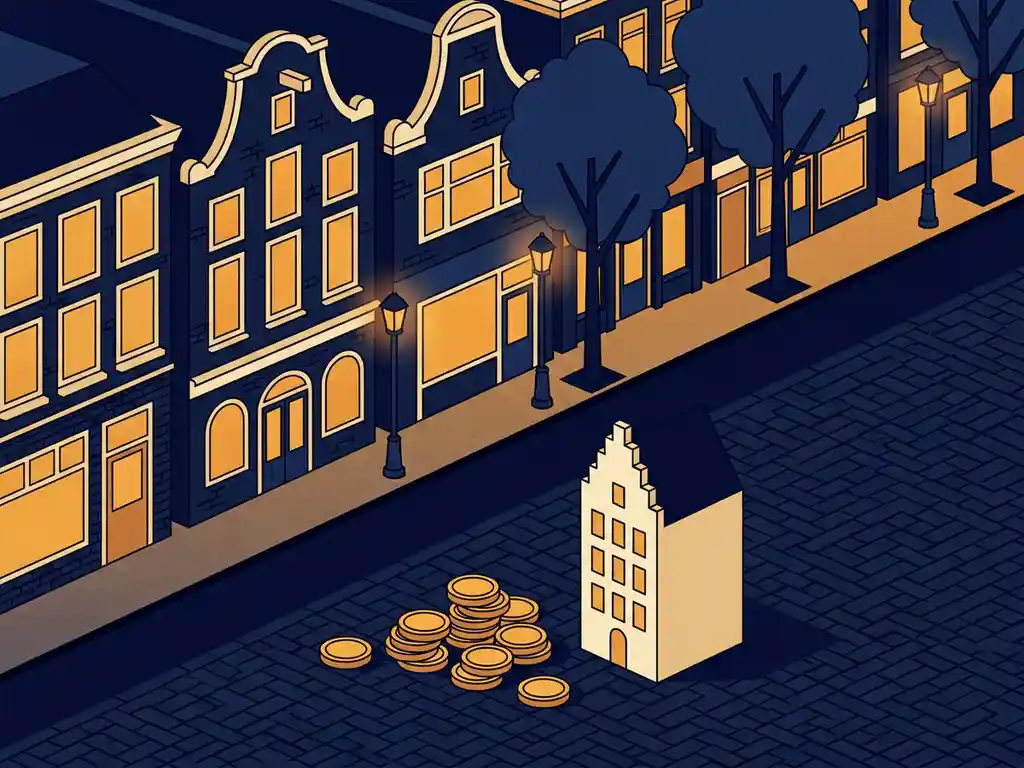 Hollandse winkelstraat met gouden munten en miniatuur gebouw op kinderkopjes, illustratie over vastgoedinvestering.