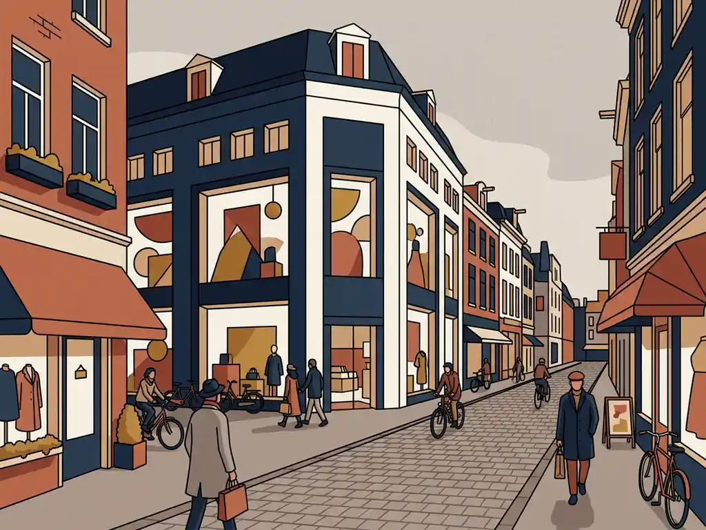 Vlaggenschipwinkel met marineblauw en terracotta etalages op een drukke Nederlandse winkelstraat met kinderkopjes.