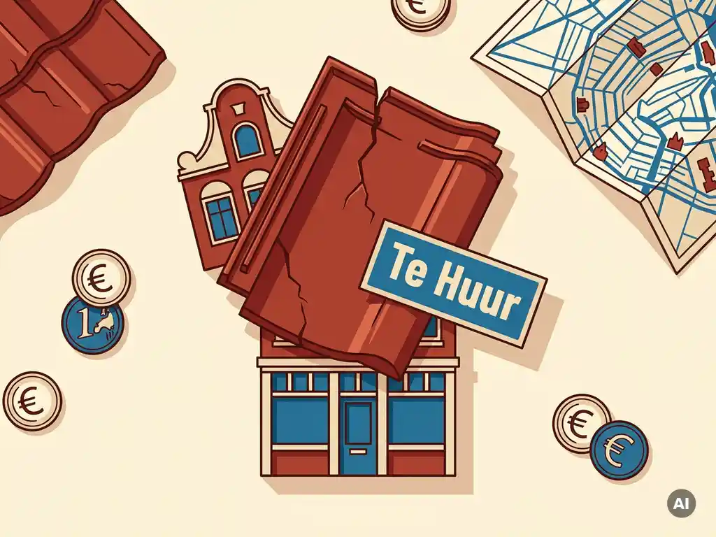 Cracked terracotta roof tile atop a Dutch canal-house model with a Te Huur sign, euro coins, and folded city map in flat vector style.