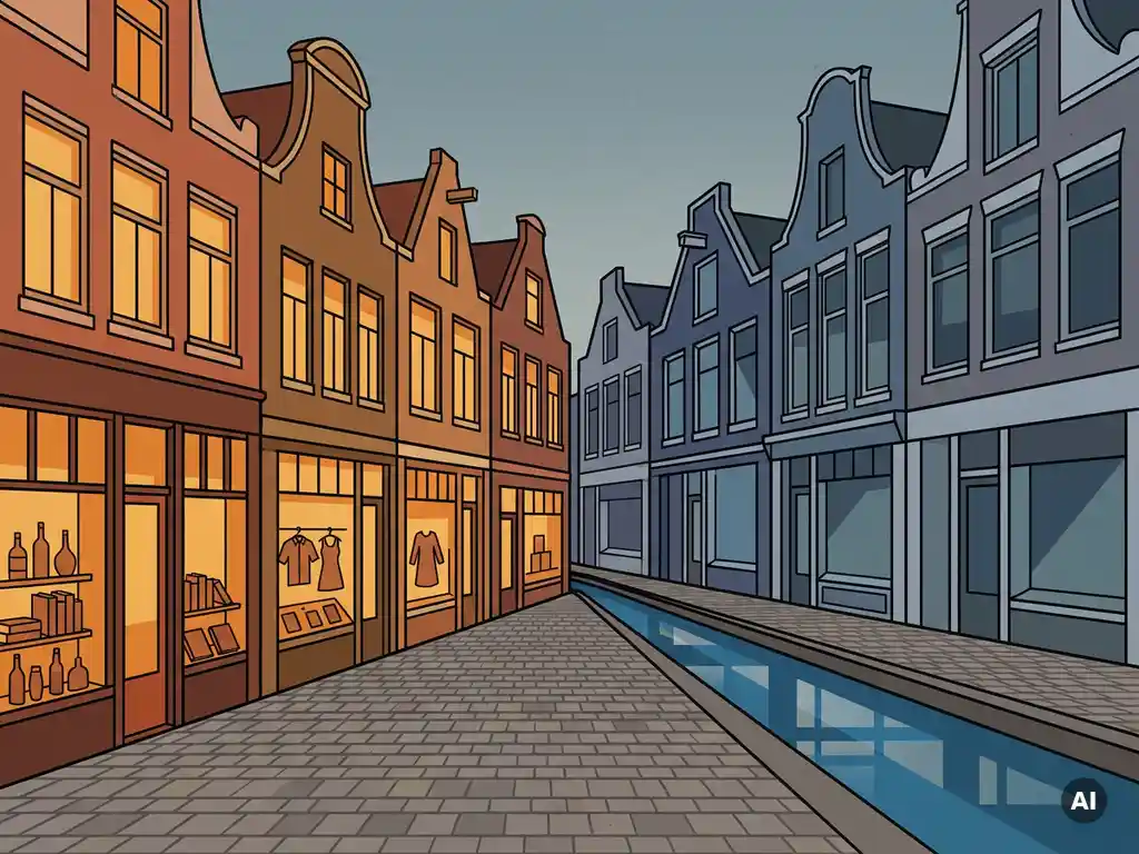 Dutch canal street with occupied amber-lit and vacant dark retail storefronts, cobblestone foreground, flat vector illustration style.
