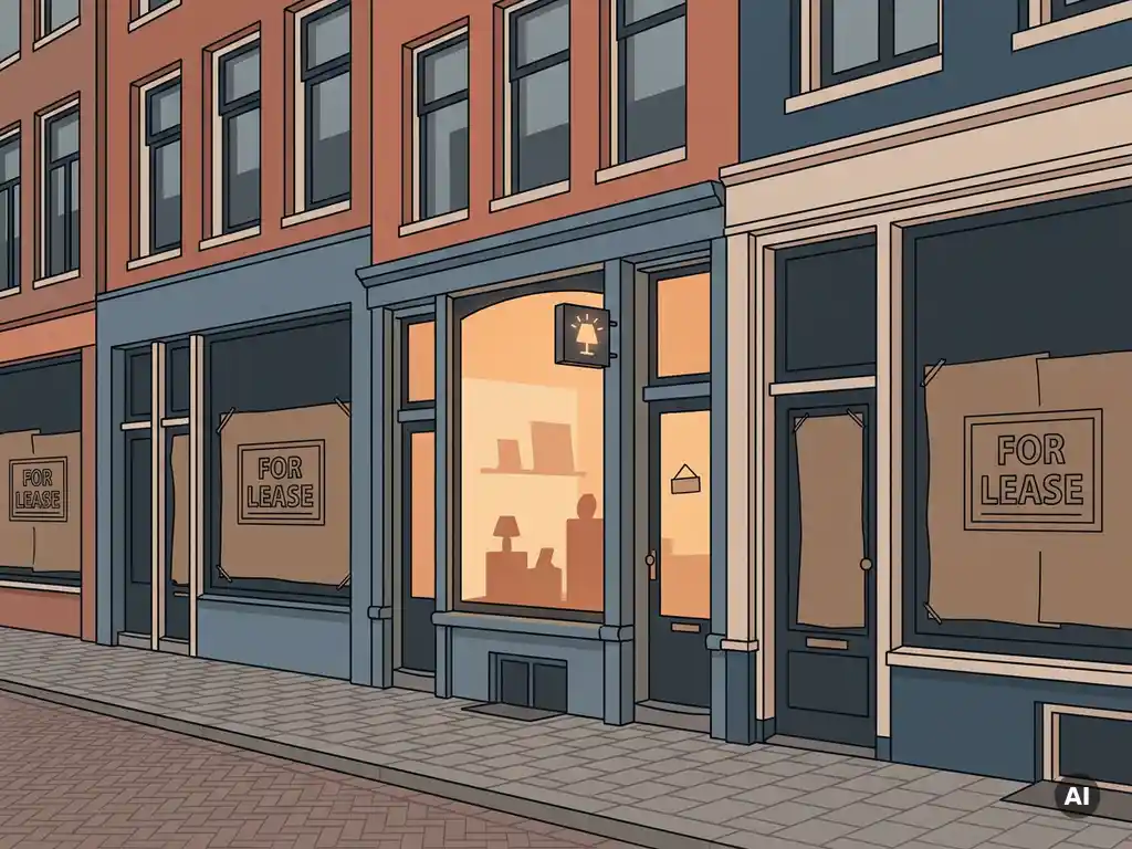 Dutch canal-row storefronts with papered-over windows and one warmly lit boutique amid vacant units on a cobblestone street.