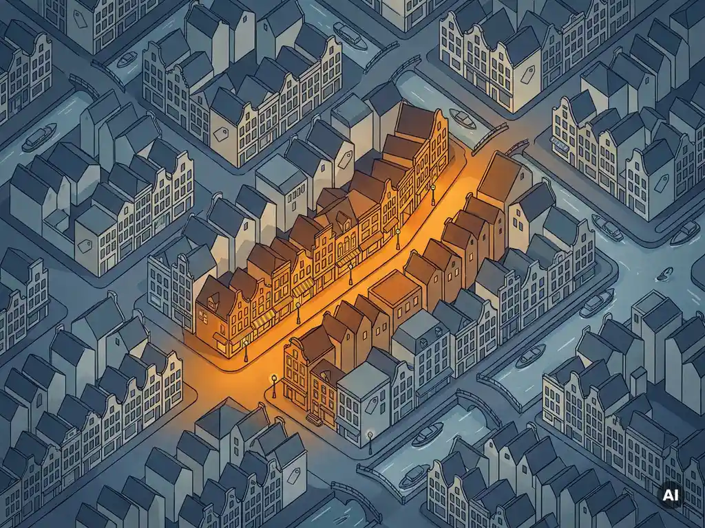 Illustrated bird's-eye map of a Dutch city center with amber-highlighted prime retail street surrounded by slate blue and cream blocks indicating lower location grades.