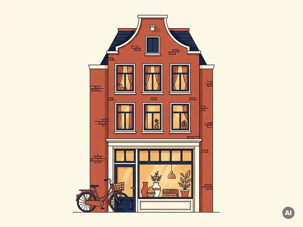 Hollandse winkel-woonpand met verlicht etalage, fietsen tegen bakstenen gevel en gloeiende ramen in terracotta, wit en marineblauw.