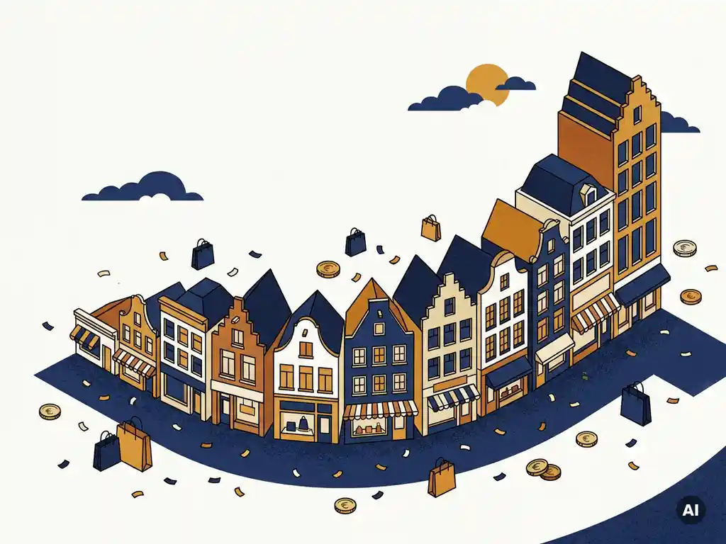 Aerial illustration of a miniature Dutch high street with storefronts arranged in a rising graph pattern, surrounded by shopping bags and euro coins in navy, amber, and white.
