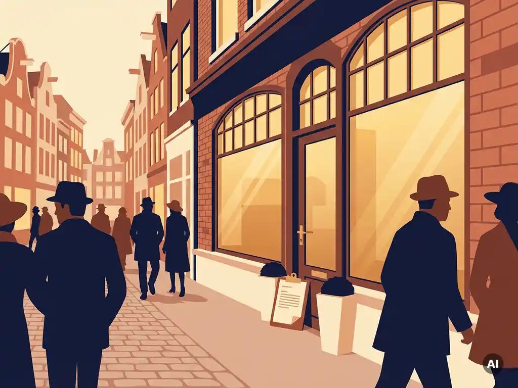 Brick Dutch retail shopfront with large display windows, property documents on a clipboard, and pedestrian street silhouettes in warm terracotta tones.