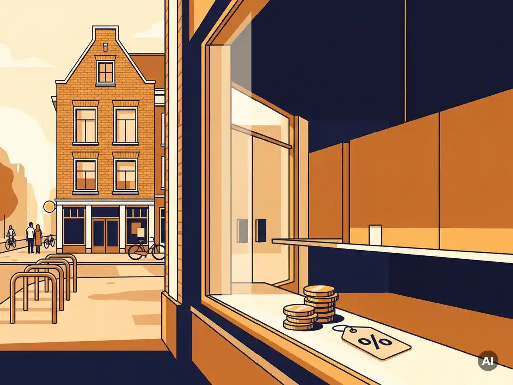 Dutch retail storefront on a sunlit shopping street with a golden coin stack and percentage tag on the window ledge.