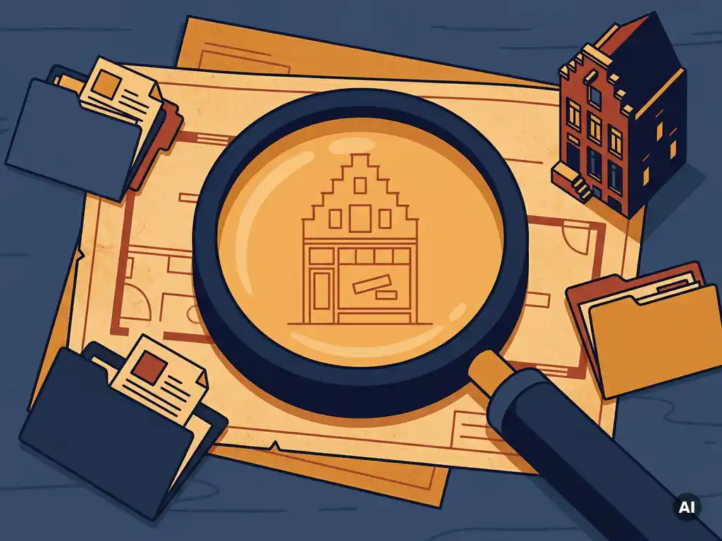 Magnifying glass on a Dutch retail storefront floor plan, surrounded by property folders and a canal-house model, flat vector illustration.