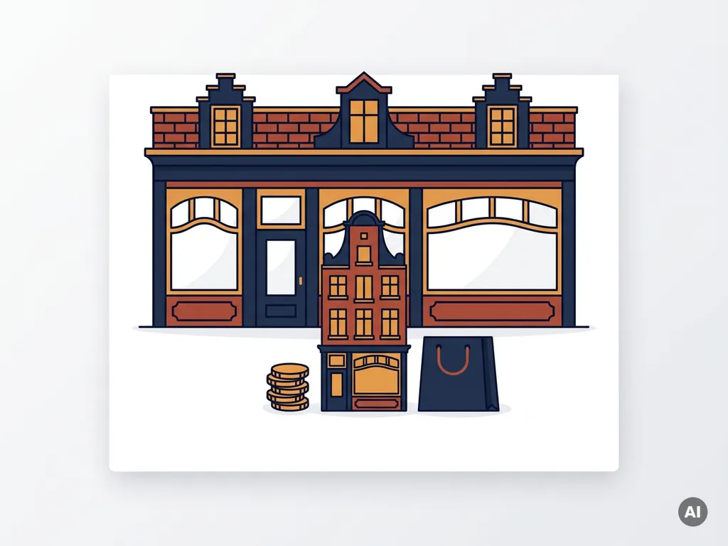 Flat vector illustration of a Dutch retail storefront with gold coins, miniature office building, and shopping bag on white surface.
