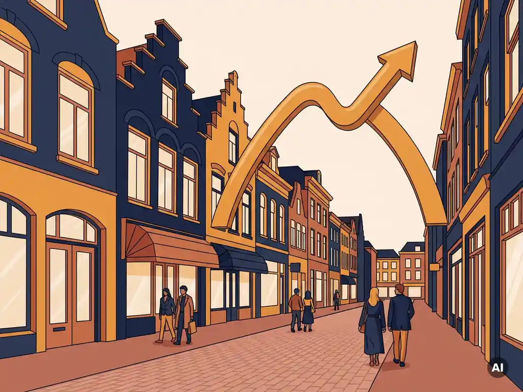 Golden yield percentage arch rising over a Dutch brick-paved shopping street with navy and amber storefronts in flat vector illustration style.