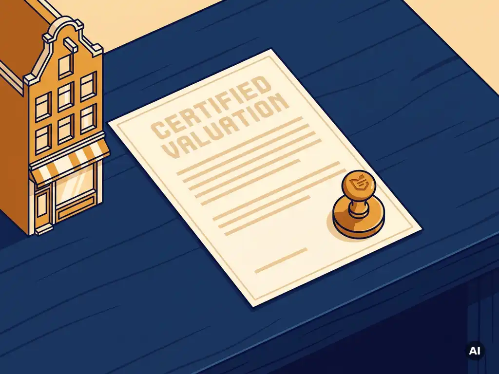 Certified valuation document with brass stamp beside a miniature Dutch retail storefront on a polished wooden desk.