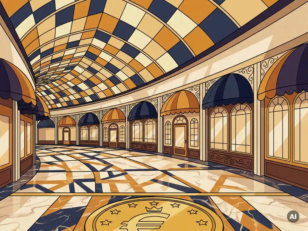 Grand Dutch shopping centre atrium with geometric glass roof, marble floors, bold-awning shopfronts, and a golden euro coin in the foreground.