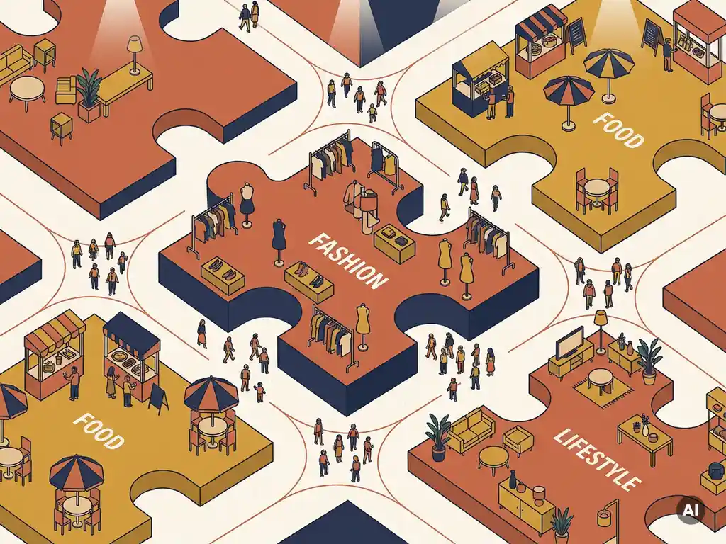 Colorful bird's-eye floor plan of a Dutch shopping centre with puzzle-like sections in terracotta, navy, and mustard yellow.