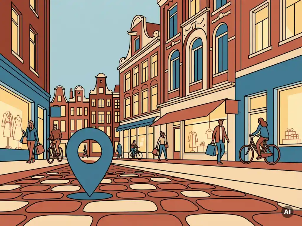 Flat vector illustration of a bustling Dutch shopping street with canal-house facades, glowing retail storefronts, and a location pin on cobblestones.