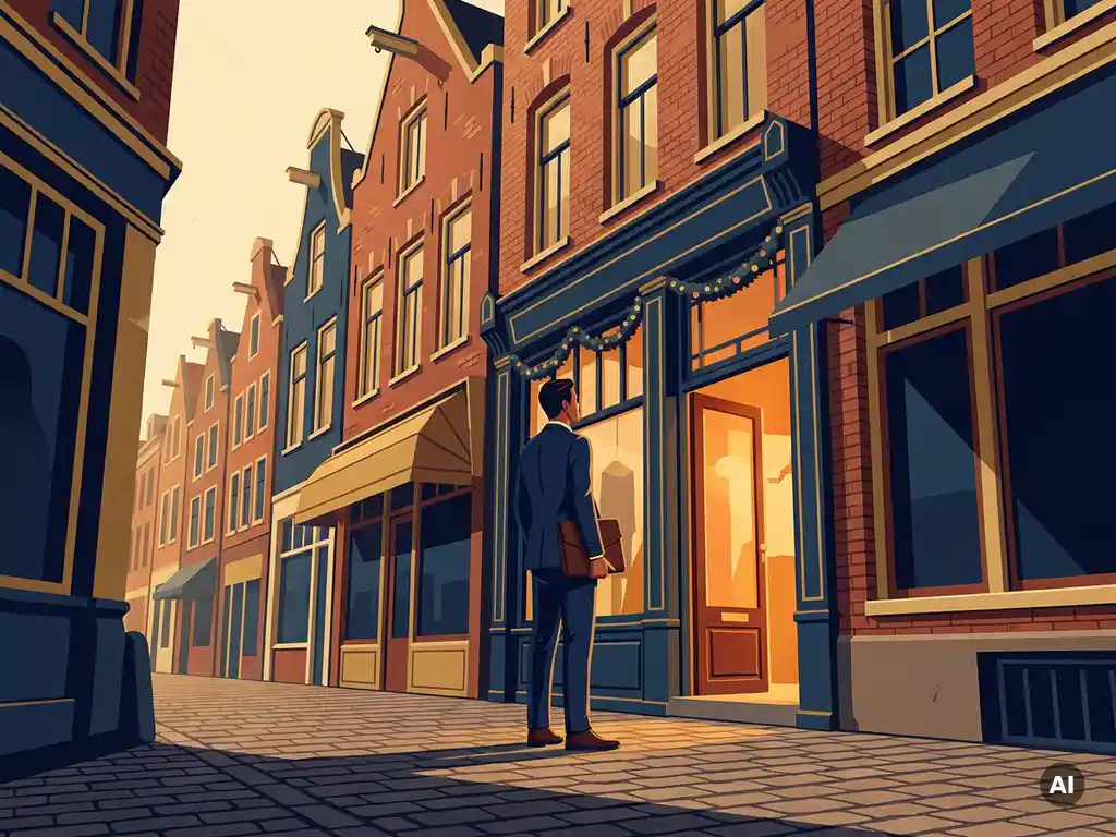 Suited investor with leather portfolio pausing at a Dutch pedestrian shopping street lined with historic canal facades and cobblestones in warm afternoon light.