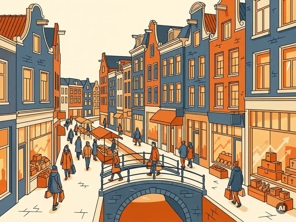 Illustrated Dutch pedestrian shopping street with canal-row architecture, glowing storefronts, and shoppers carrying bags in orange, blue, and cream tones.