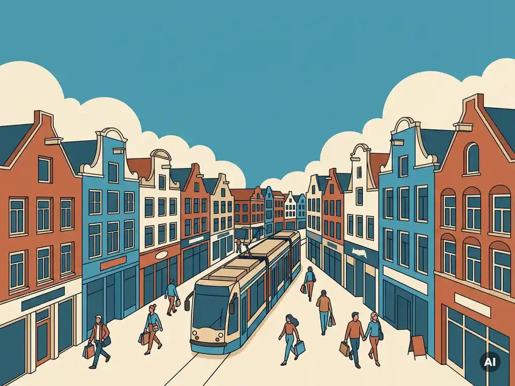 Illustrated Dutch shopping street with gabled facades, tram, and shoppers carrying bags in warm terracotta and canal blue tones.