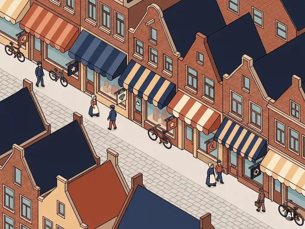 Isometrisch vectorillustration van een Hollandse winkelstraat met kleurrijke gevels, luifels en kasseien vanuit vogelperspectief.