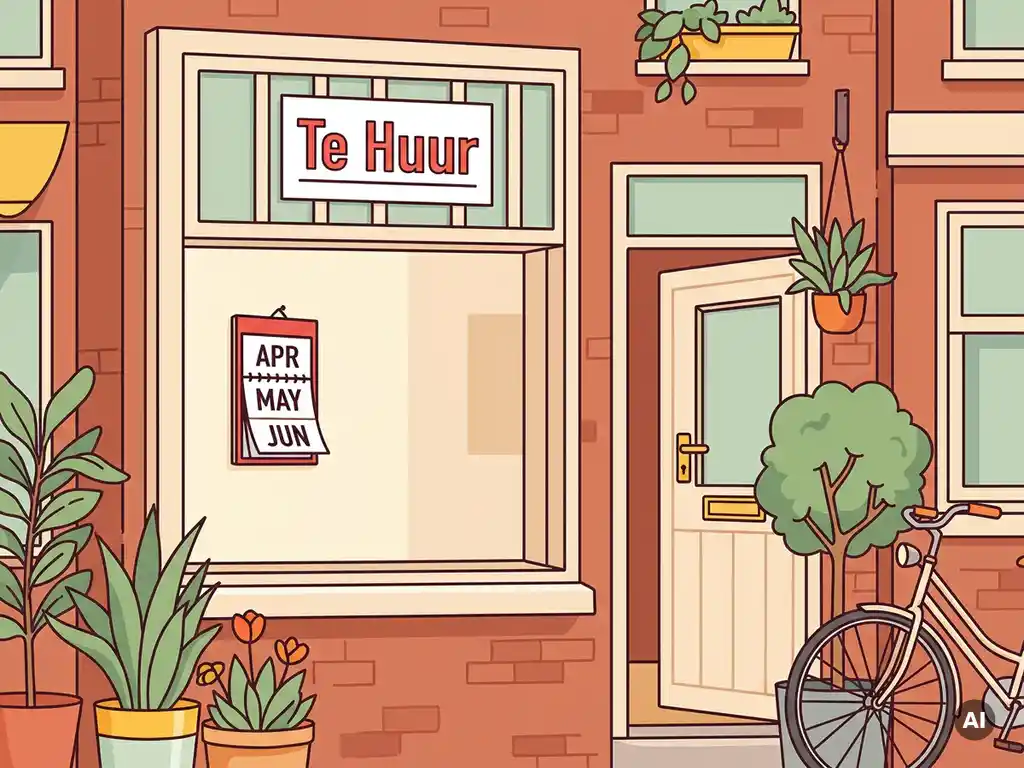 Leegstaand winkelpand in Nederlandse winkelstraat met Te Huur-bord, kalender en terracotta gevel met grote etalageramen.
