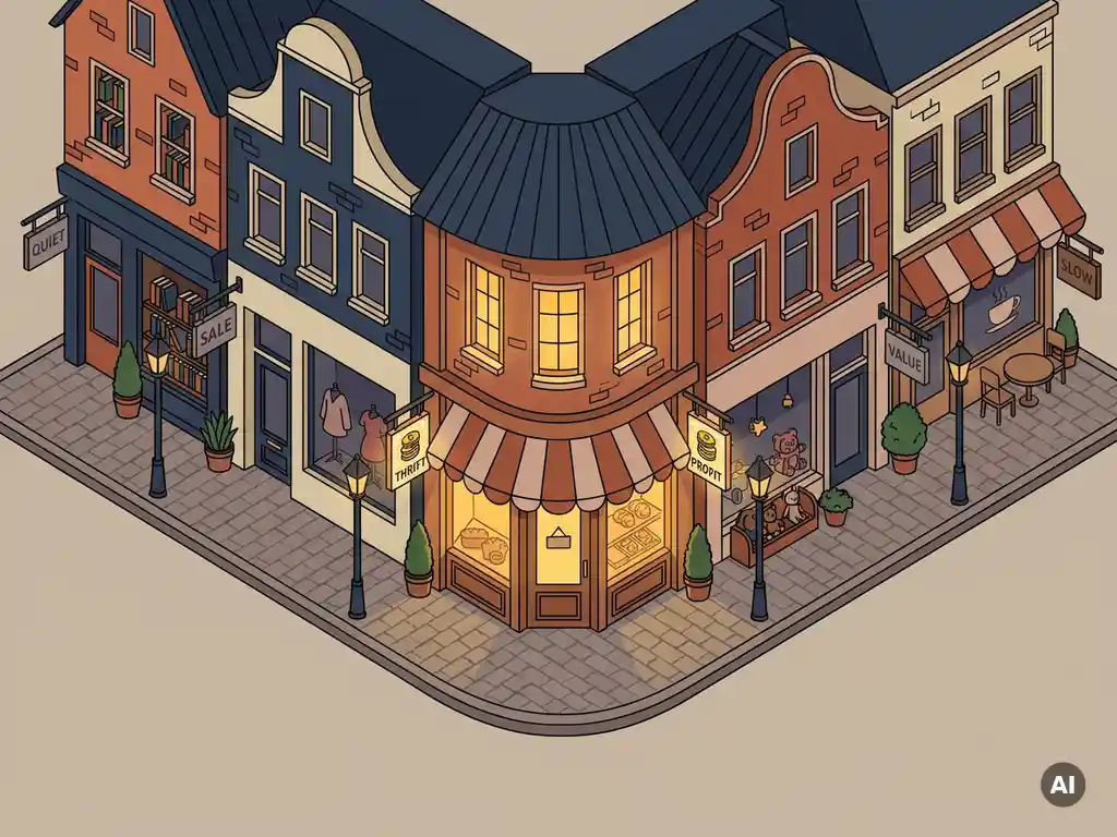 Miniatuur Hollandse winkelstraat met vijf winkeltjes in een boog, één verlicht met warm goudlicht, andere gedimmer, vector illustratie.