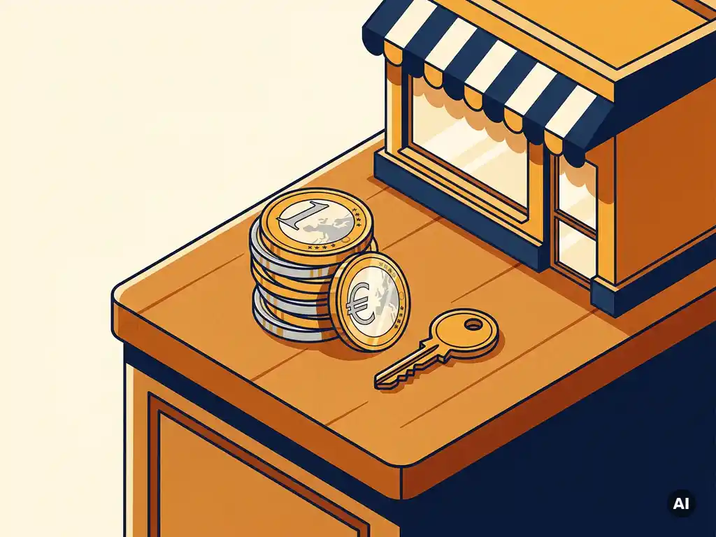 Stapel euromunten en een messing sleutel op een houten toonbank, met een miniatuur winkelpand op de achtergrond.