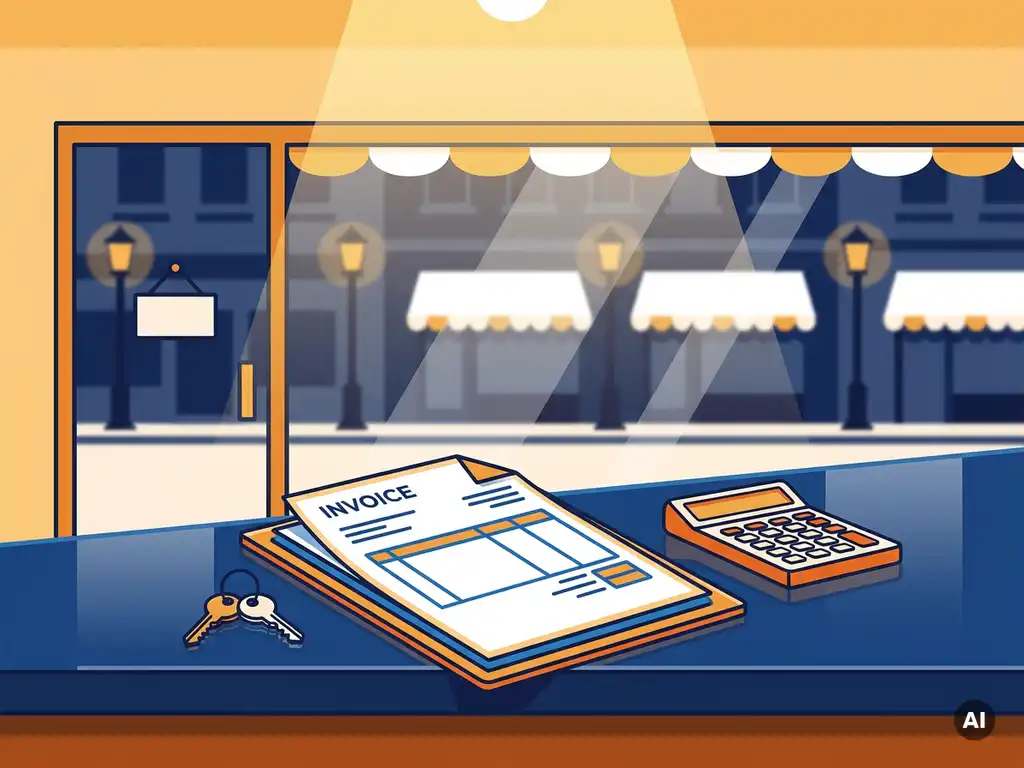 Opengespreide factuur op winkelkassa met rekenmachine en sleutels, wazig winkelstraat op achtergrond, vectorillustratie in amber en marineblauw.