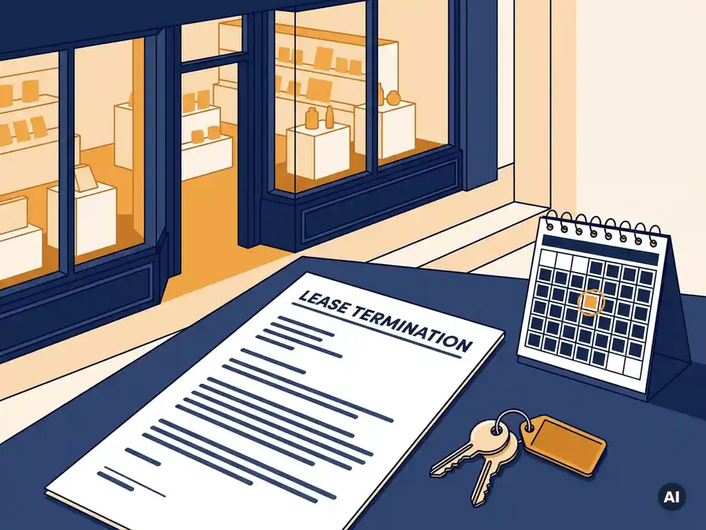 Formele opzeggingsbrief voor huurcontract op bureau naast winkelsleutels en kalender met omcirkelde datum.
