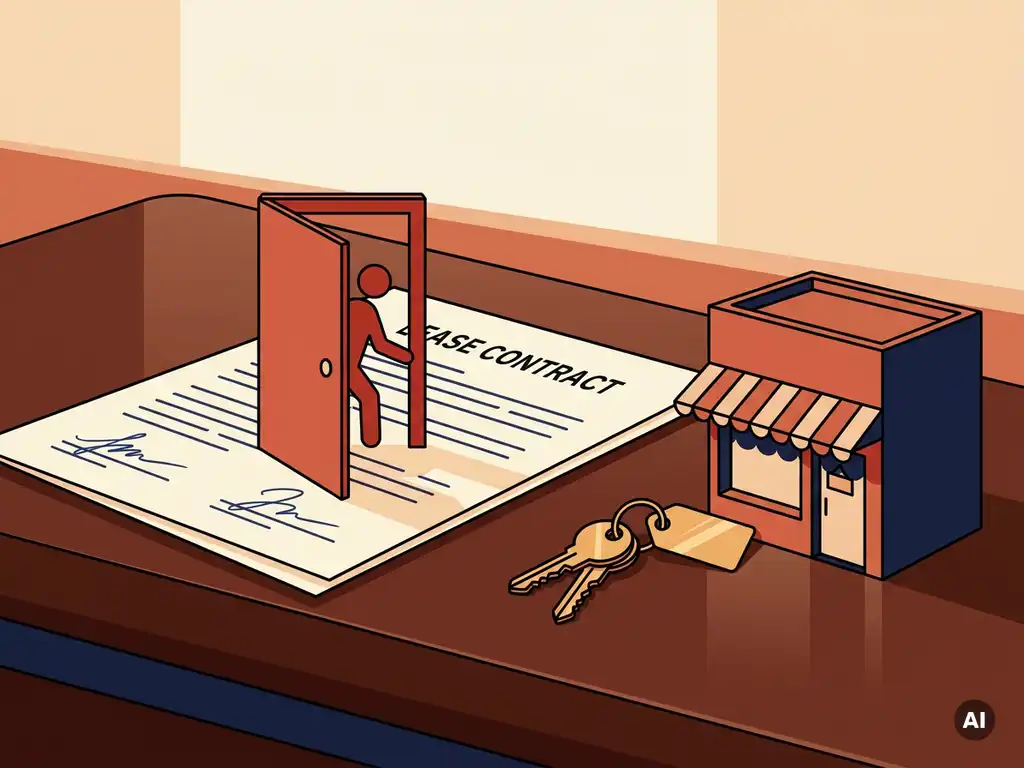 Ondertekend huurcontract met uitsnede van een nooddeur, winkesleutels en miniatuur winkelpui op een bureau, flat vector illustratie.