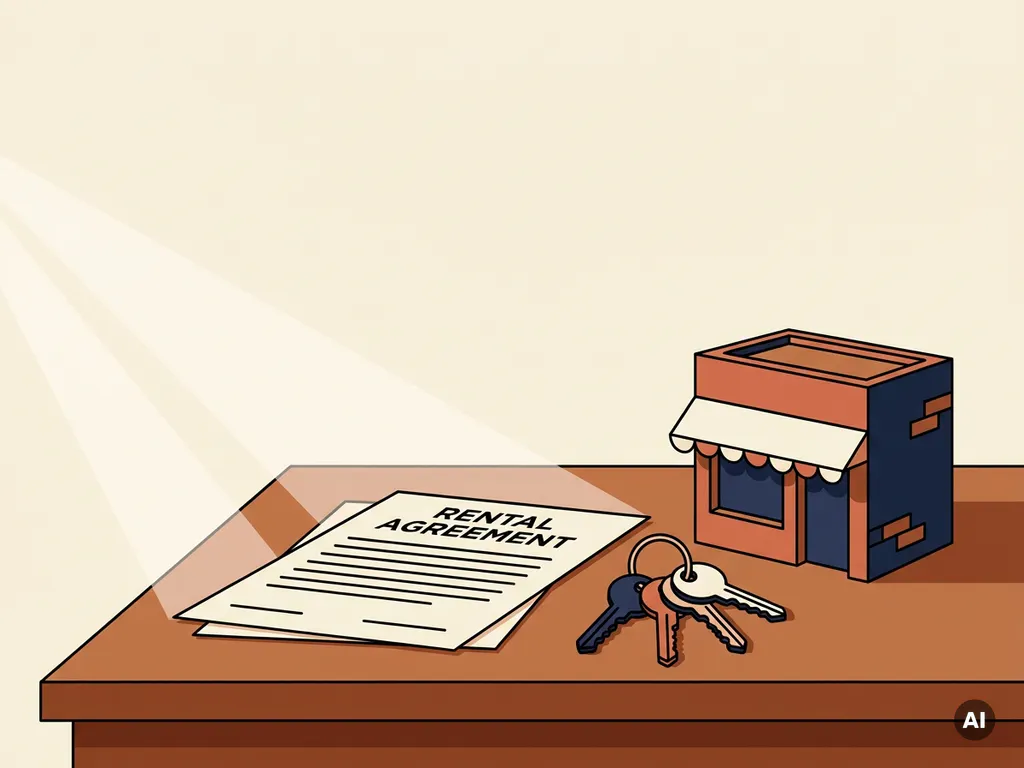 Huurovereenkomst op houten bureau naast sleutels en miniatuur winkelpand, illustratie in terracotta en marineblauw.