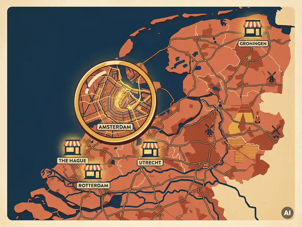Geïllustreerde kaart van Nederland met verlichte winkelgevels en een vergrootglas boven een stadscentrum, in terracotta, marineblauw en goud.